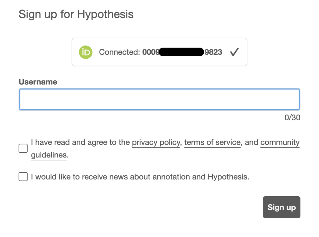 sign up page showing an ORC ID connected to Hypothesis